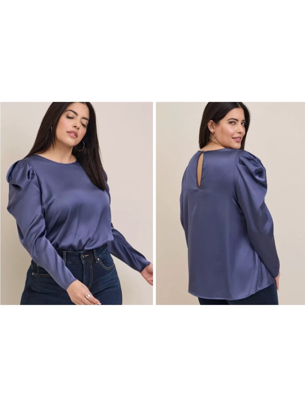 Torrid Sz 1X Satin Puff Long Sleeve Business Office Casual Blouse Crown Blue